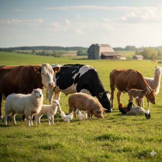 Cows and sheep in a barn